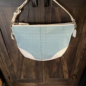 Coach SOH MINSIG LG HOBO Pale Blue and White Signature Shoulder Bag